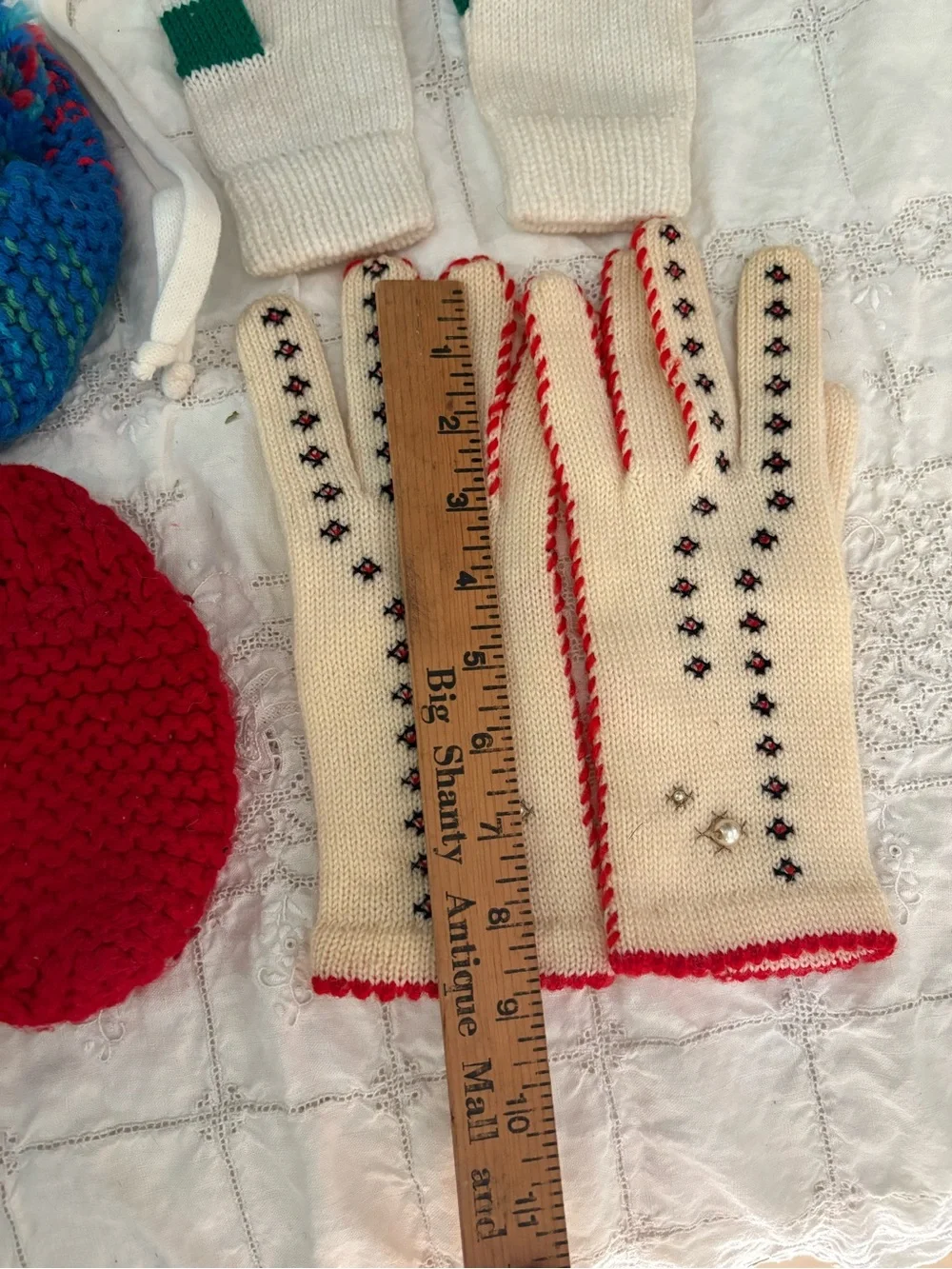 Handmade Cream and Multicolor Knit Winter Gloves & Slippers Set LOT